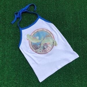 Vintage 1970s Glitter Pisces Iron-On On New White Blue Halter Top Horoscope NWT